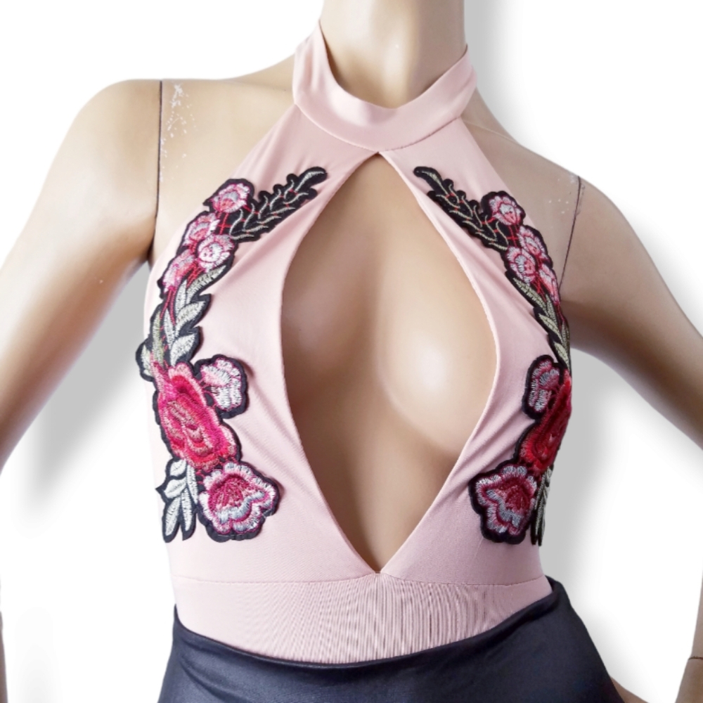 Pink Floral Embroidered Halter Bodysuit by Solution